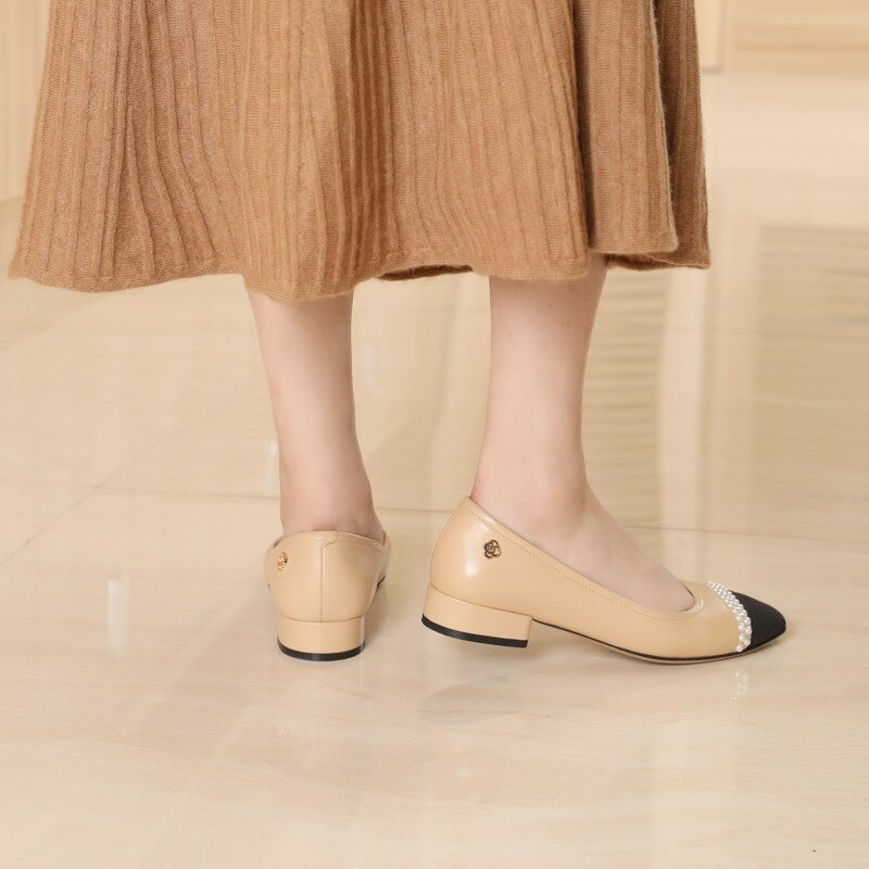 Brand Designer Women's Shoes String Bead Decoration Shoes Concise Shallow  Pumps Genuine Leather Women's Shoes