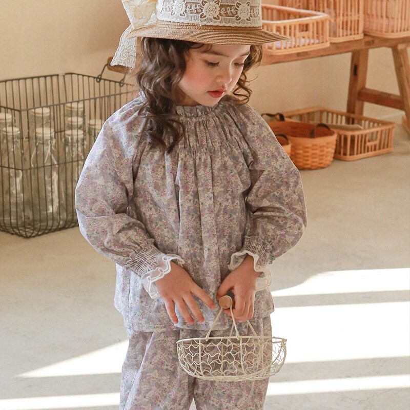 Spring New Korean Baby Girls Clthing Sets Floral Printed Blouses Ruffles Baby Kids Cotton Shirts+ Pants Girl Clothes Suit CC098