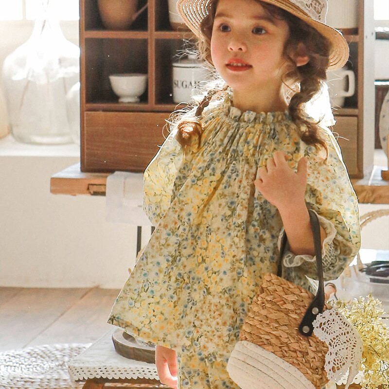 Spring New Korean Baby Girls Clthing Sets Floral Printed Blouses Ruffles Baby Kids Cotton Shirts+ Pants Girl Clothes Suit CC098