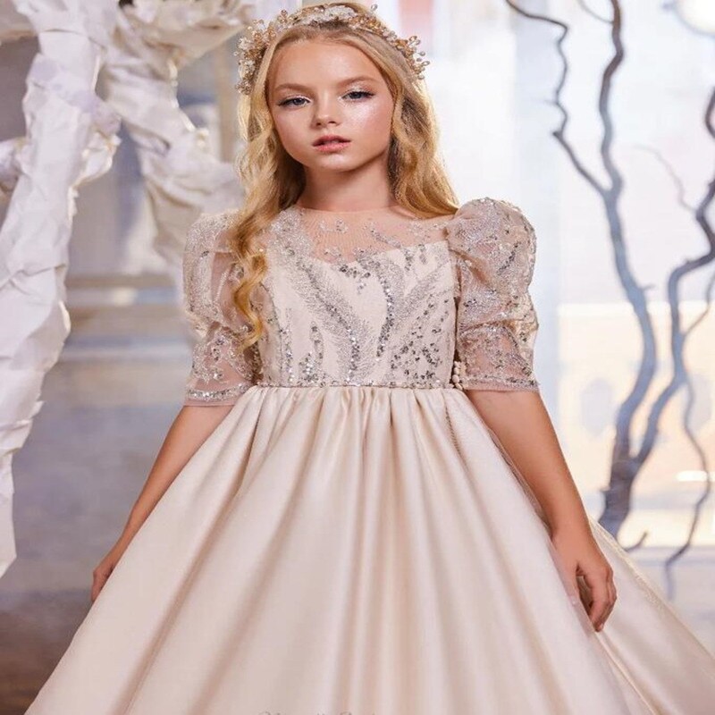 Light Champagne Flower Girl Dress Lace Beads Gown Princess Birthday Party Gown Girls First Communion Dress