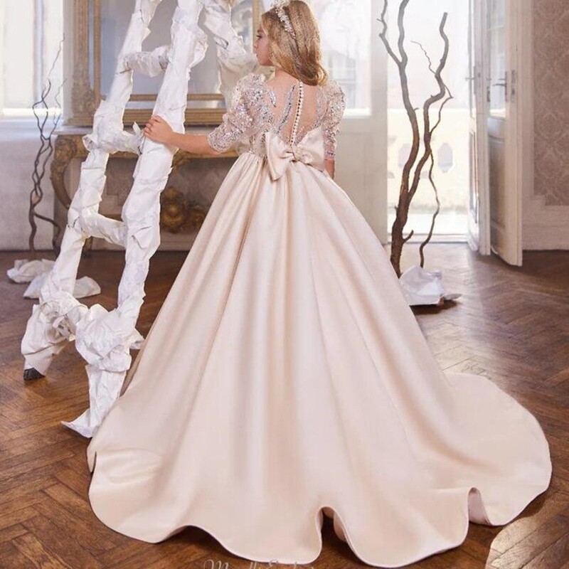 Light Champagne Flower Girl Dress Lace Beads Gown Princess Birthday Party Gown Girls First Communion Dress