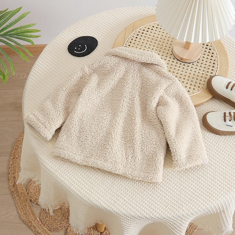 Autumn and Winter Children's Plush Coat, Baby Lamb Fleece Thickened Warm Long-sleeved Single-breasted Literary Sweet Tweed Coat