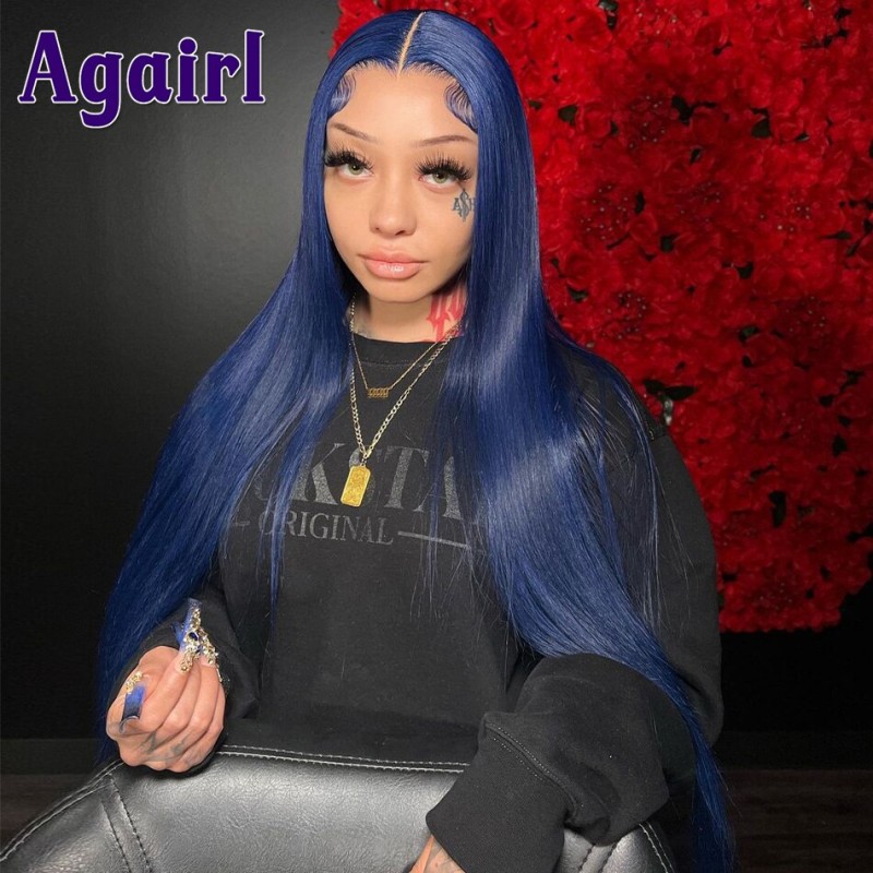 Dark Blue 13X6 Lace Frontal Wig Pre-Plucked Colored Bone Straight 5x5 Lace Closure Wigs Brazilian Remy 100% Human Hair Wigs