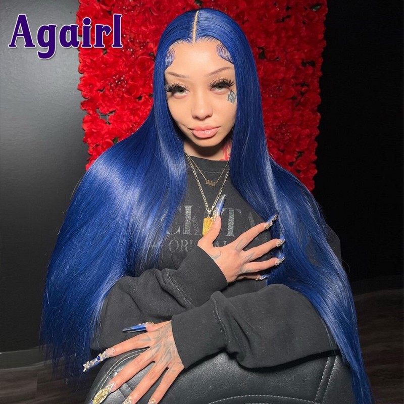 Dark Blue 13X6 Lace Frontal Wig Pre-Plucked Colored Bone Straight 5x5 Lace Closure Wigs Brazilian Remy 100% Human Hair Wigs