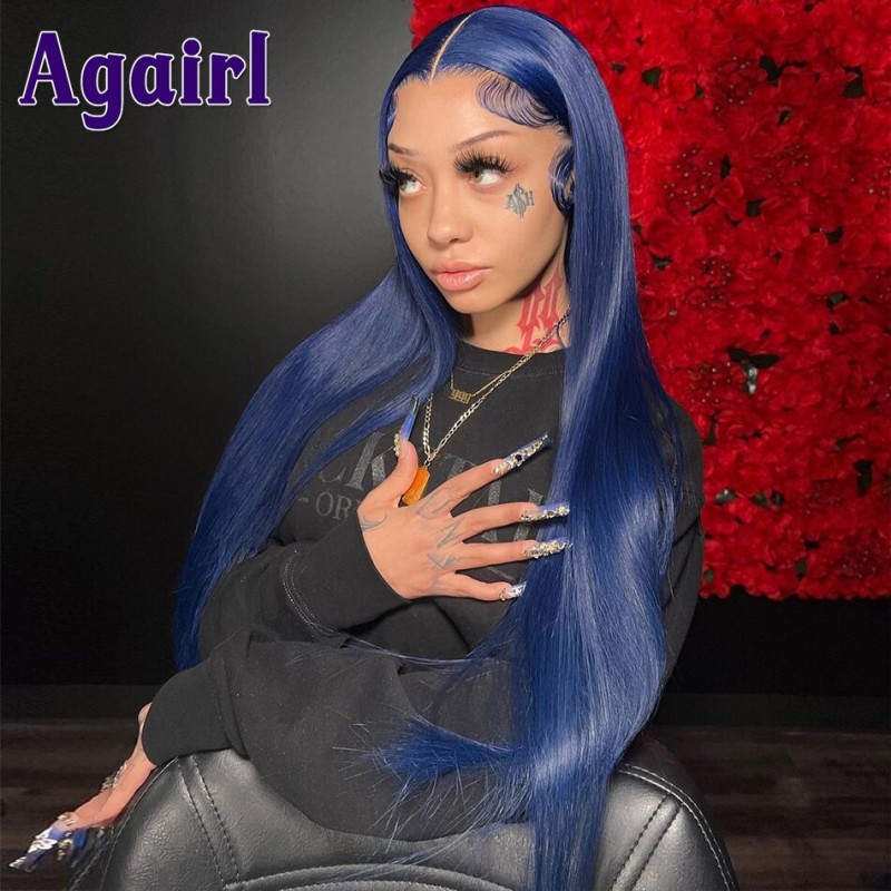 Dark Blue 13X6 Lace Frontal Wig Pre-Plucked Colored Bone Straight 5x5 Lace Closure Wigs Brazilian Remy 100% Human Hair Wigs
