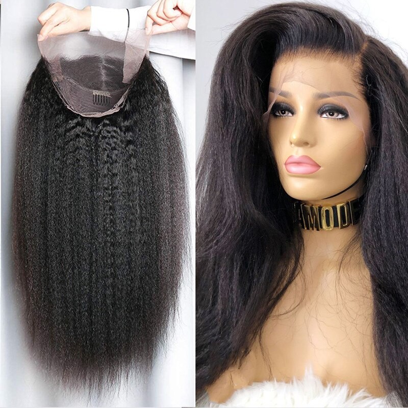 Natural Black Kinky Straight  Yaki  Lace Front Wig 180% Density  For Black Women With Baby hair Heat Temperature Glueless Wig