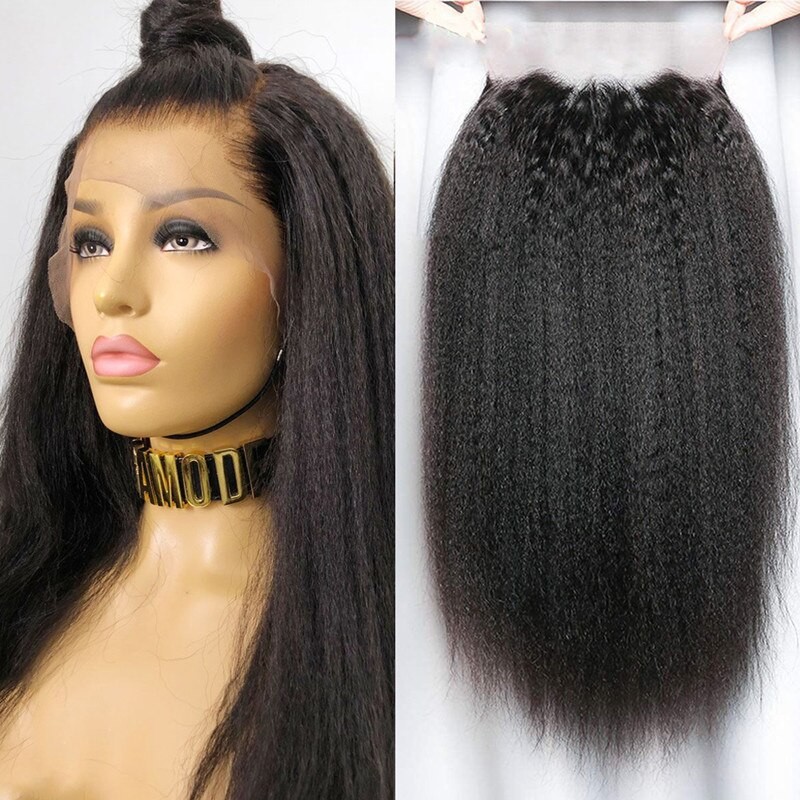 Natural Black Kinky Straight  Yaki  Lace Front Wig 180% Density  For Black Women With Baby hair Heat Temperature Glueless Wig