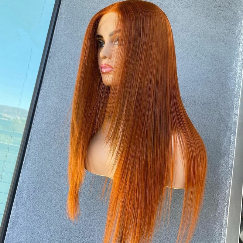 Preplucked Soft 180%Density 26Inch Orange Silky Straight Long Natural Hairline Glueless Lace Front Wig For Women Babyhair