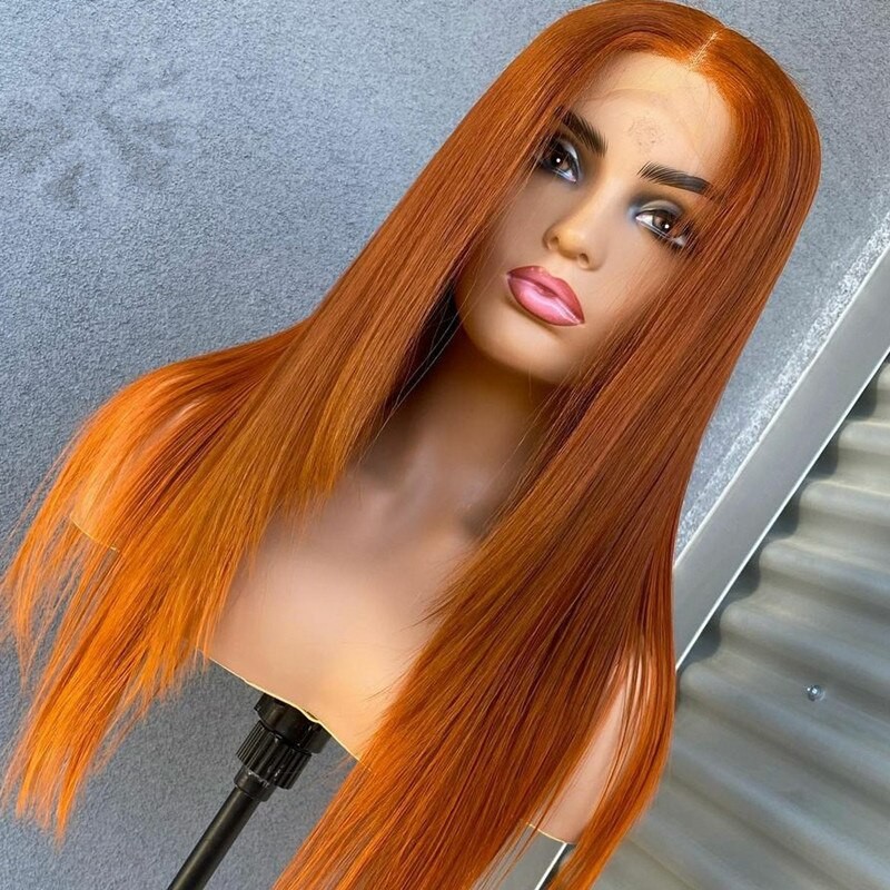 Preplucked Soft 180%Density 26Inch Orange Silky Straight Long Natural Hairline Glueless Lace Front Wig For Women Babyhair