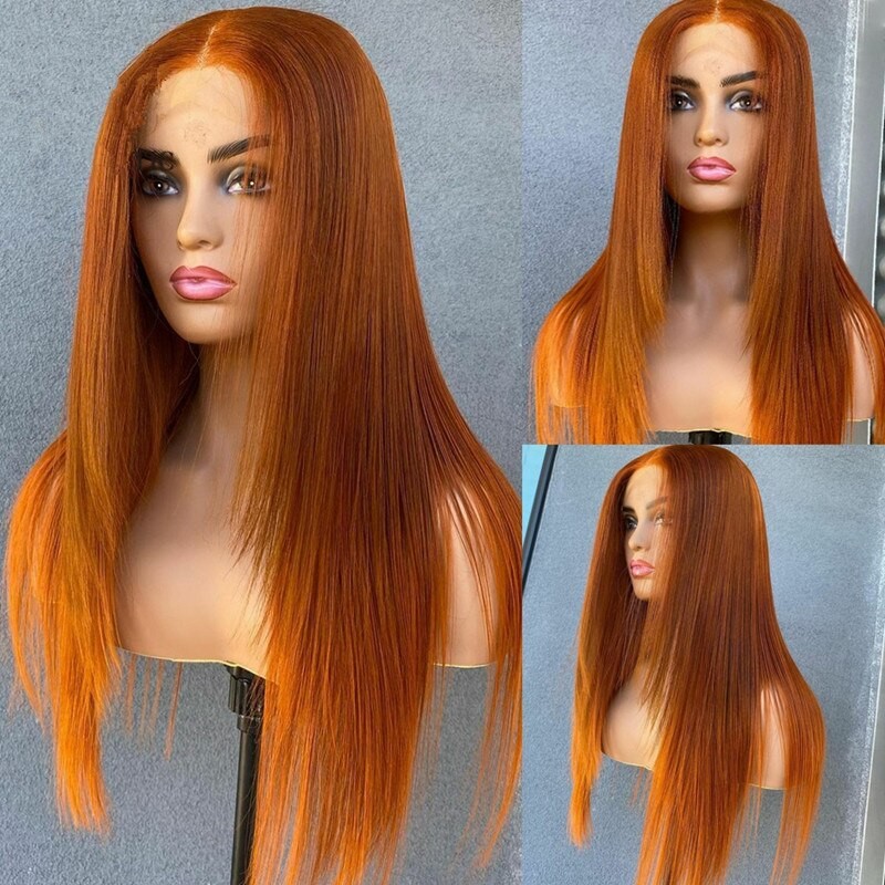 Preplucked Soft 180%Density 26Inch Orange Silky Straight Long Natural Hairline Glueless Lace Front Wig For Women Babyhair