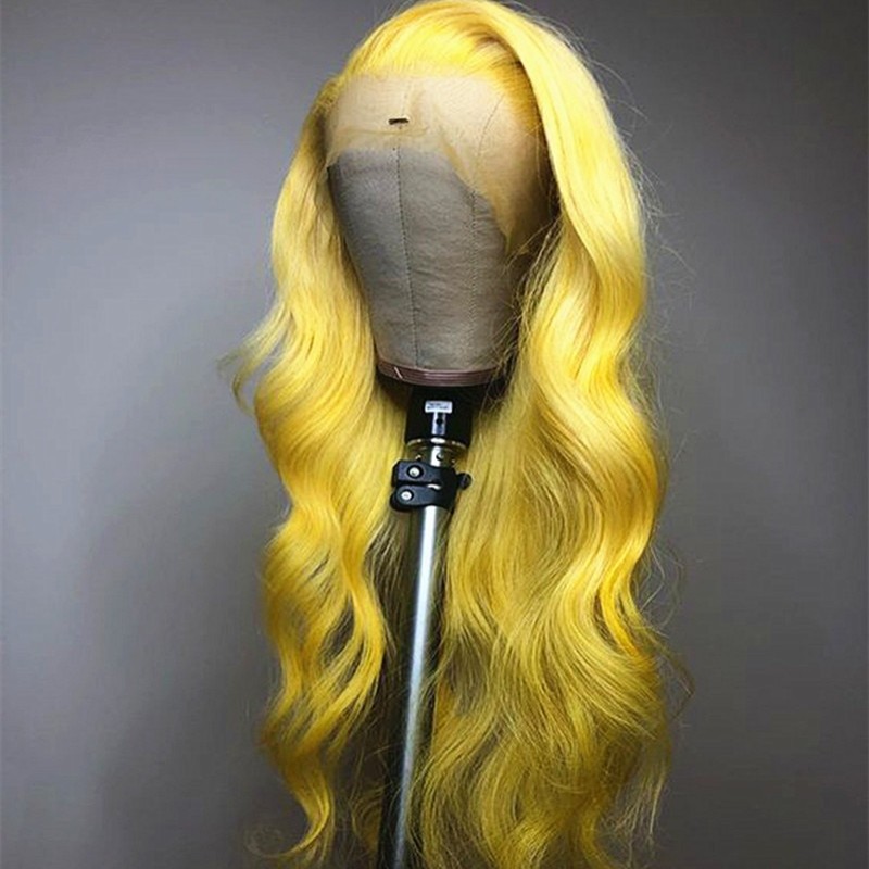 Preplucked Soft 180%Density 26Inch Yellow Body Wave Long Natural Hairline Glueless Lace Front Wig For Women Babyhair