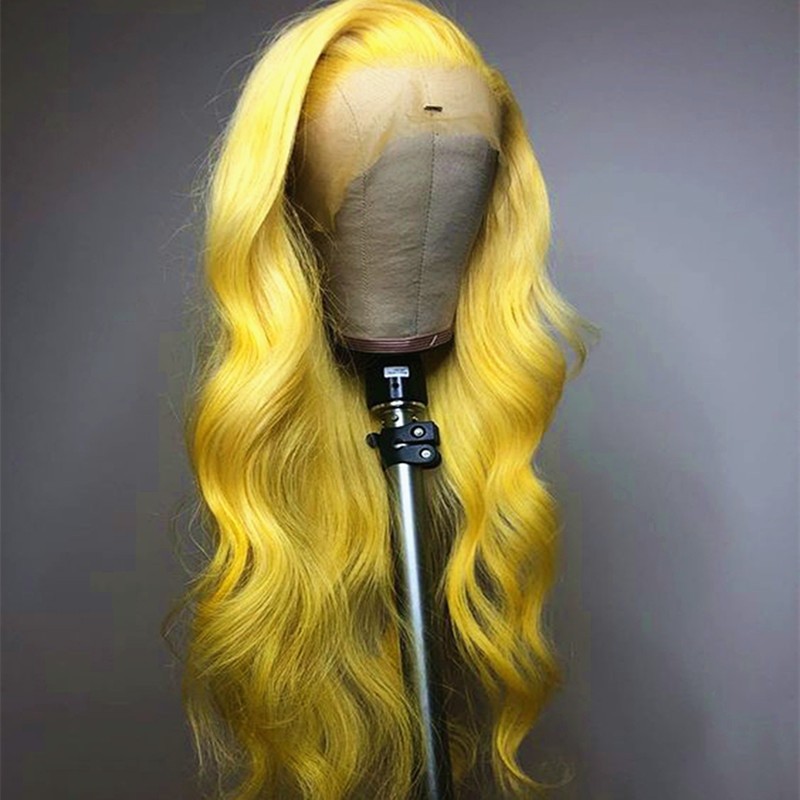 Preplucked Soft 180%Density 26Inch Yellow Body Wave Long Natural Hairline Glueless Lace Front Wig For Women Babyhair