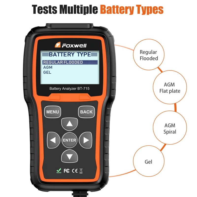 Foxwell BT-715 Car Battery Analyzer 12V &amp; 24V AGM / EFB Flat Plate Battery Tester BT715 Multi-Language Replaced Foxwell BT-705