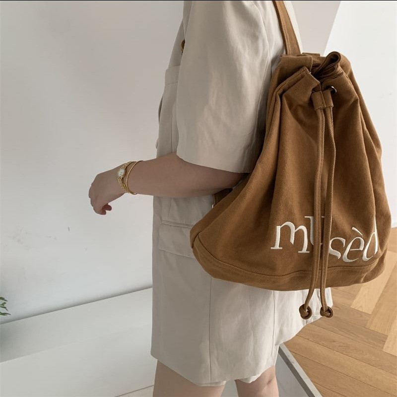Korean Backpack Letter Printed Canvas Bag Portable Large Capacity Shopping Bag Student String Bucket Bag Drawstring School Bag