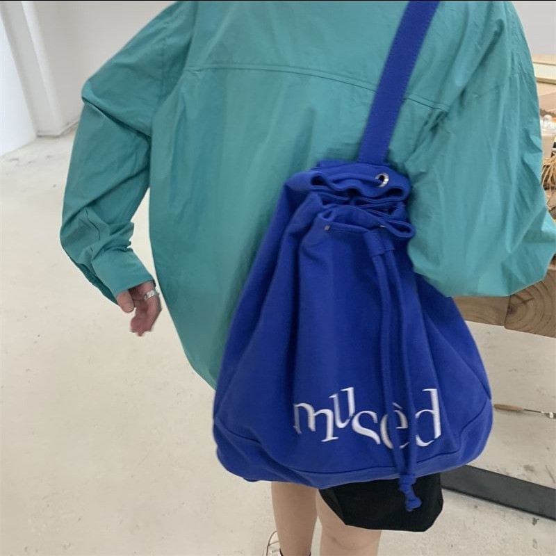 Korean Backpack Letter Printed Canvas Bag Portable Large Capacity Shopping Bag Student String Bucket Bag Drawstring School Bag