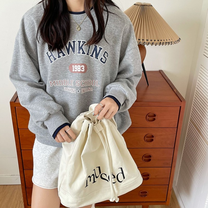 Korean Backpack Letter Printed Canvas Bag Portable Large Capacity Shopping Bag Student String Bucket Bag Drawstring School Bag