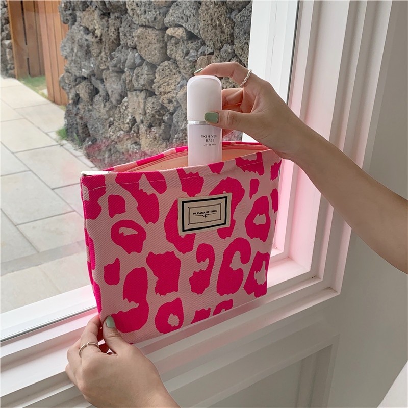 Pink Leopard Print Women's Cosmetic Bag Retro Flower Ladies Small Clutch Purse Travel Handbags Schoolgirl's Pencil Storage Bags