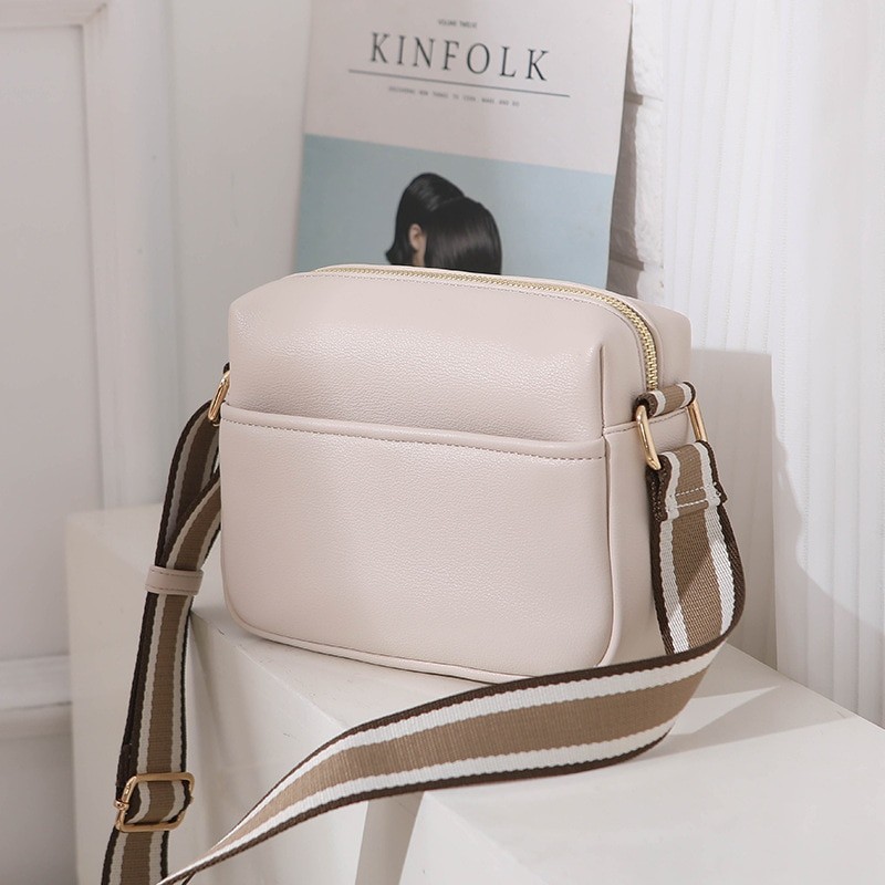 Solid Square Women Crossbody Bags Wide Fabric Strap Crossbody Bag Ladies Fashion Handbags Zipper Leather Women Shoulder Bags