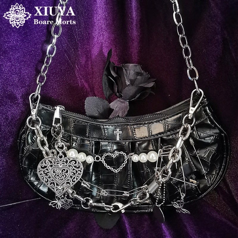 MBTI Harajuku Gothic Shoulder Bag Women 2022 Vintage Cross Clip Pearl Chain Goth Bag Pleated Dumplings Handbag Woman Clutch