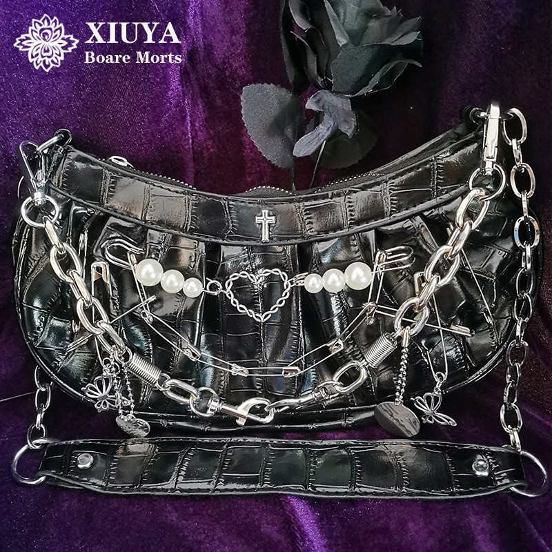 MBTI Harajuku Gothic Shoulder Bag Women 2022 Vintage Cross Clip Pearl Chain Goth Bag Pleated Dumplings Handbag Woman Clutch