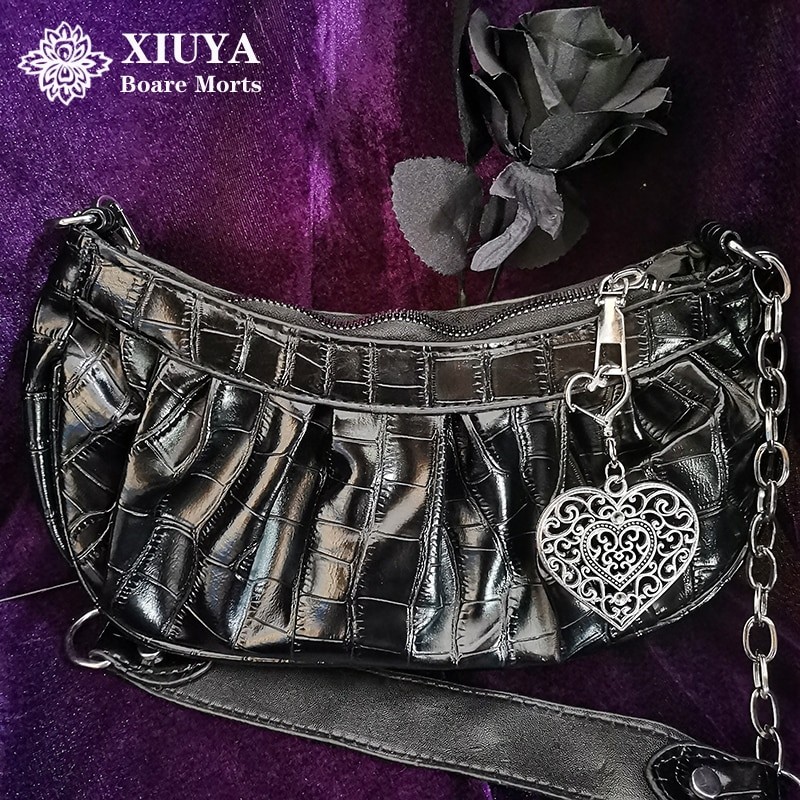 MBTI Harajuku Gothic Shoulder Bag Women 2022 Vintage Cross Clip Pearl Chain Goth Bag Pleated Dumplings Handbag Woman Clutch