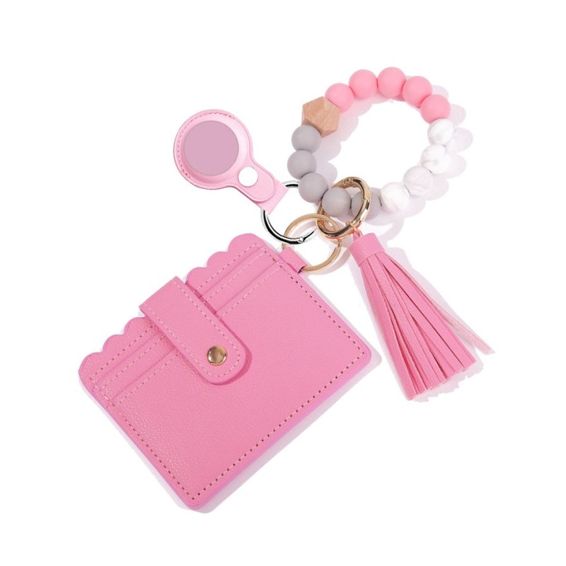 Leather Case Wristlet Silicone Beaded Bracelet Keychain Wallet Wrist Pompoms with Tassel Bangle Card Holder