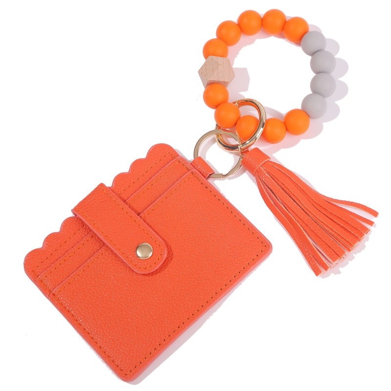 Leather Case Wristlet Silicone Beaded Bracelet Keychain Wallet Wrist Pompoms with Tassel Bangle Card Holder