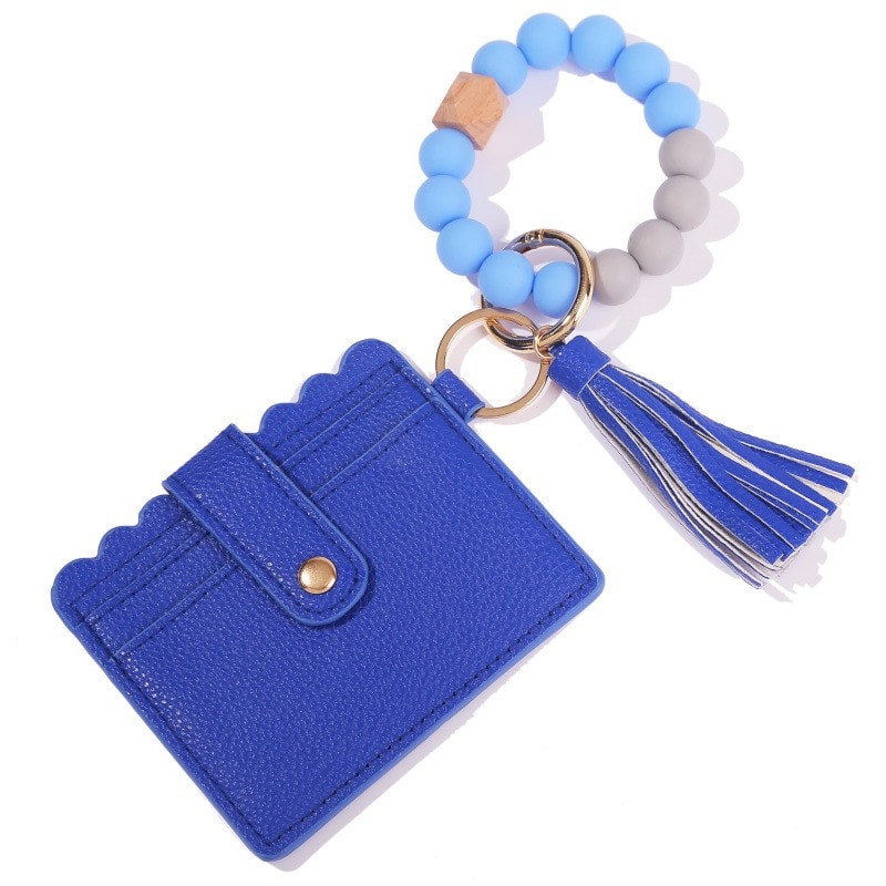 Leather Case Wristlet Silicone Beaded Bracelet Keychain Wallet Wrist Pompoms with Tassel Bangle Card Holder