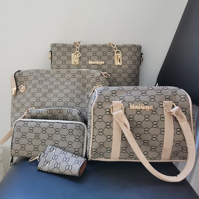 6PCS Women Tote Set Fashion PU Leather Ladies Handbag 8 words Print Messenger Shoulder Bag Wallet Bags Famous brand Designer