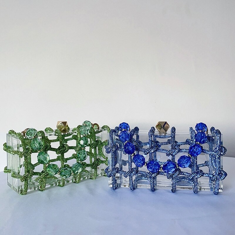 Diamond Acrylic Box Evening Clutch Bags for Women  Braided Rope Luxury Purses and Handbags Wedding Party Bag Beaded Wrist Strap