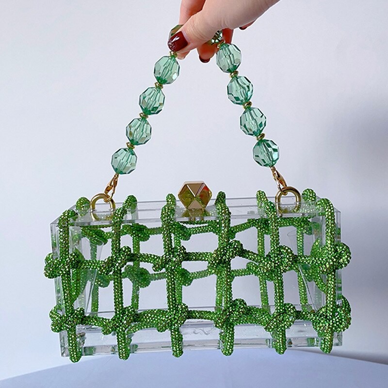 Diamond Acrylic Box Evening Clutch Bags for Women  Braided Rope Luxury Purses and Handbags Wedding Party Bag Beaded Wrist Strap