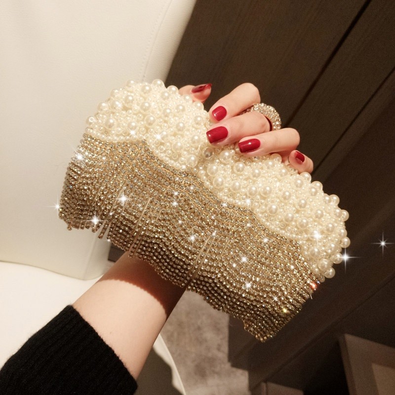 2023 New White Pearl Ring Clutch Bags Women Rhinestone Tassel Clutches Purse Wedding handbag Luxury Evening Party Bags B516