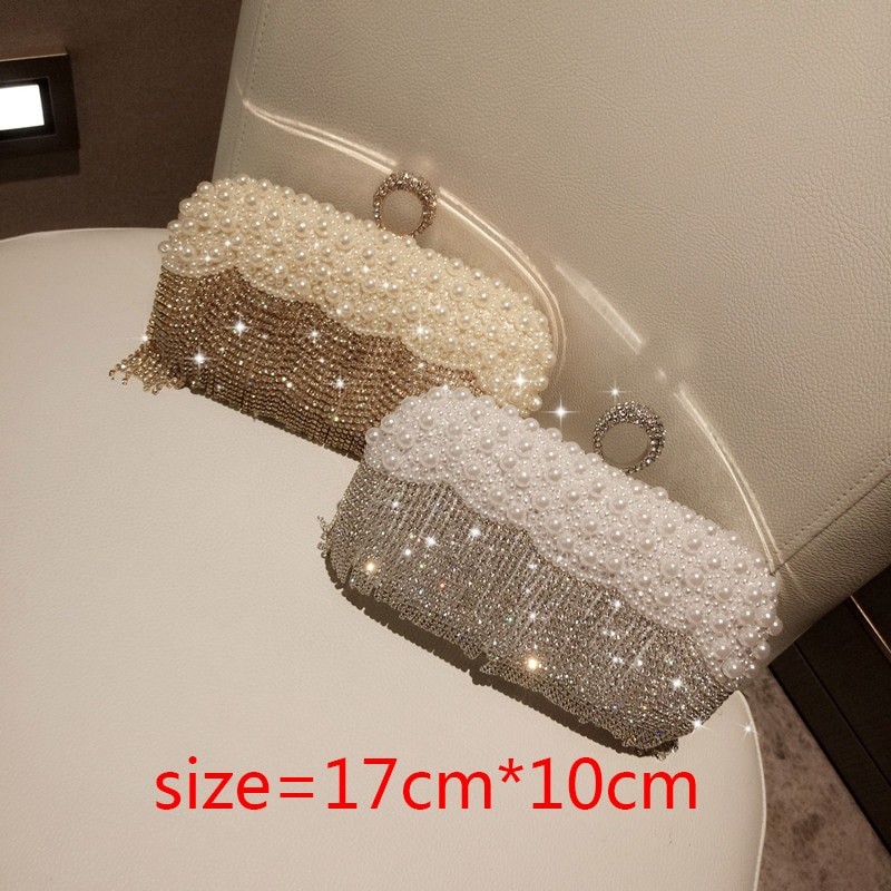 2023 New White Pearl Ring Clutch Bags Women Rhinestone Tassel Clutches Purse Wedding handbag Luxury Evening Party Bags B516