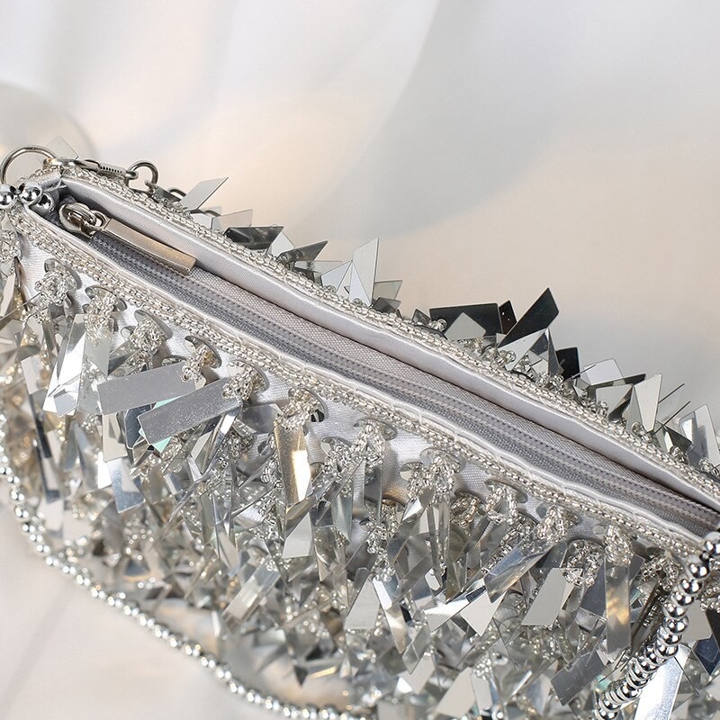 2022 new Silver Sequin Tassel Women small Crossbody Bags Handmade Beaded Ladies Party Evening Clutch Purse Fashion Handbags B473