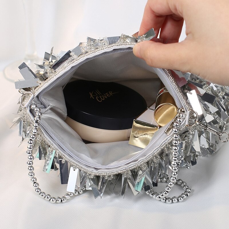 2022 new Silver Sequin Tassel Women small Crossbody Bags Handmade Beaded Ladies Party Evening Clutch Purse Fashion Handbags B473