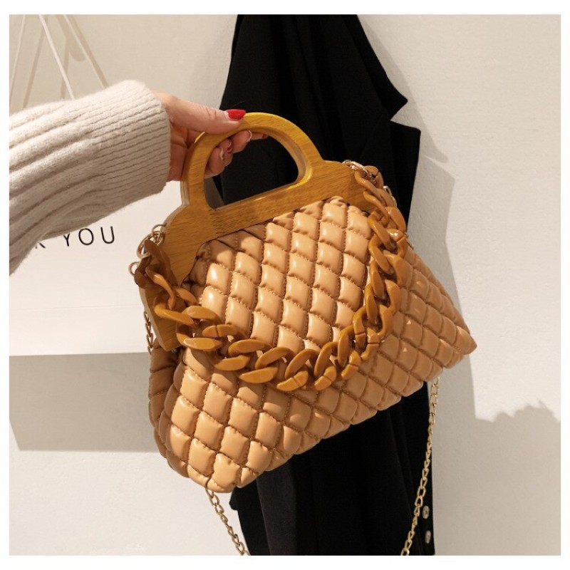 New Top Quality Handbag with Thick Chain Vintage Wood Grain Handle Designer Shoulder Bag for Women Clutch Purses Crossbody Bag
