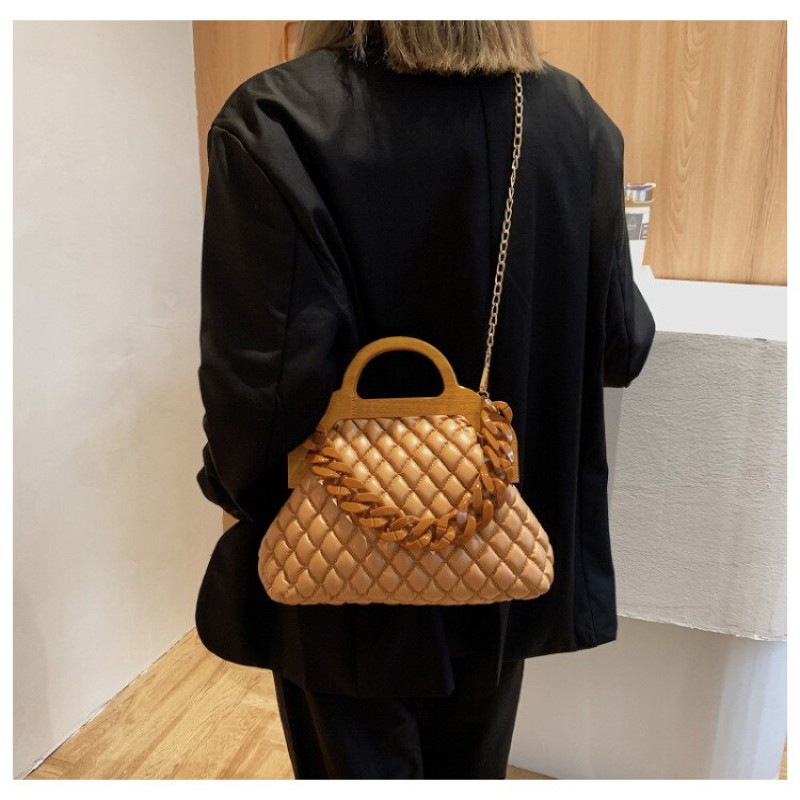 New Top Quality Handbag with Thick Chain Vintage Wood Grain Handle Designer Shoulder Bag for Women Clutch Purses Crossbody Bag