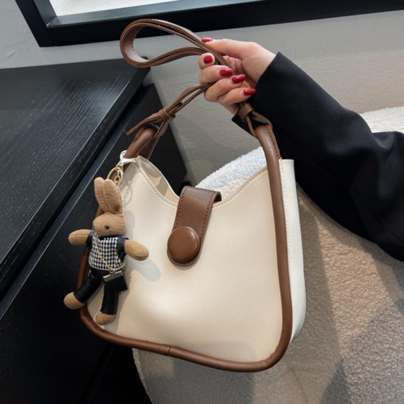 Women Shoulder Bag Contrast Color Large Capacity Travel Bag Faux Leather Zipper Closure Single Shoulder Strap Bag For Party