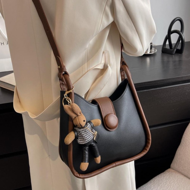 Women Shoulder Bag Contrast Color Large Capacity Travel Bag Faux Leather Zipper Closure Single Shoulder Strap Bag For Party