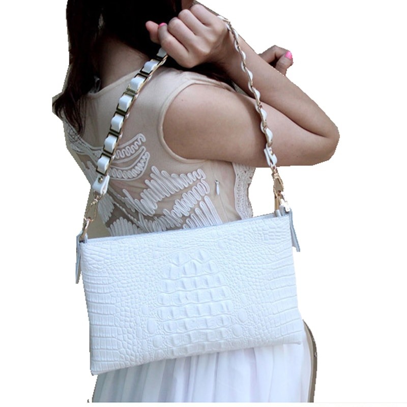 luxurious White/Gold Envelope Bag Crocodile Pattern Genuine Leather Messenger Women Bags Crossbody bag Handbag day clutch bag