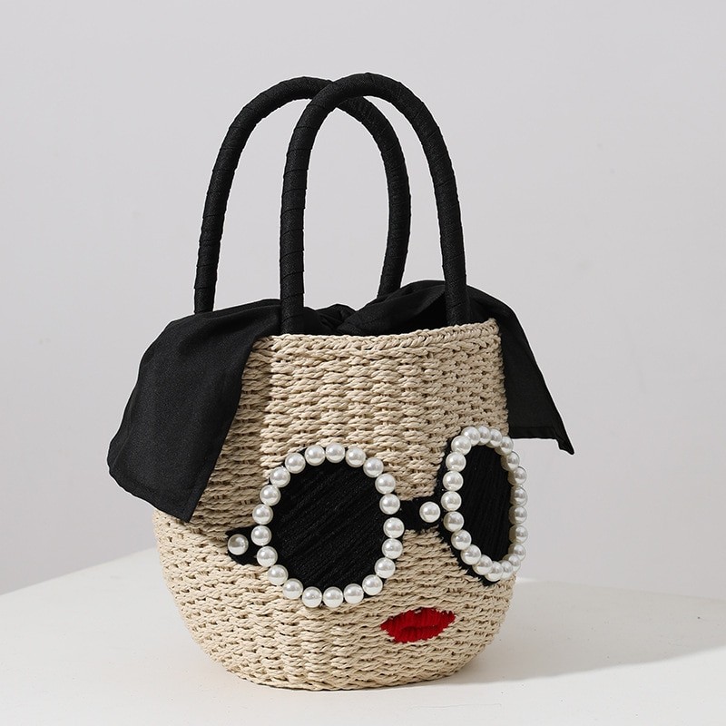 Straw Handbag Fashion Rattan Handbag Cute Cartoon Bucket Woven Bag Portable Small Fresh Messenger Shoulder Bag for Women