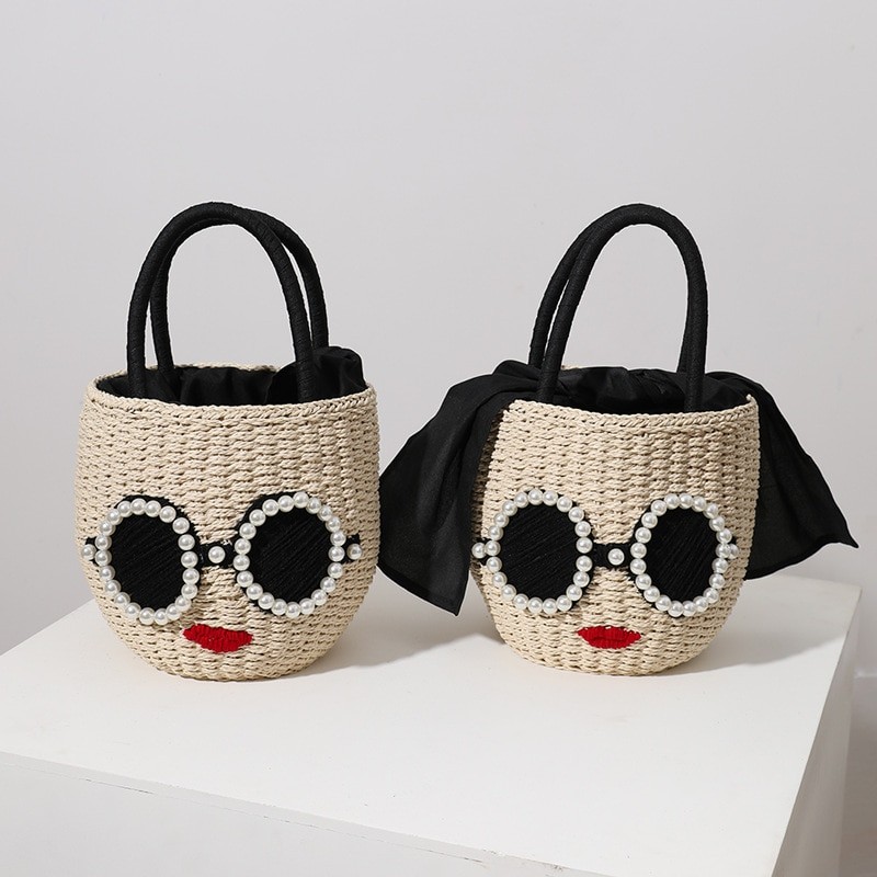 Straw Handbag Fashion Rattan Handbag Cute Cartoon Bucket Woven Bag Portable Small Fresh Messenger Shoulder Bag for Women