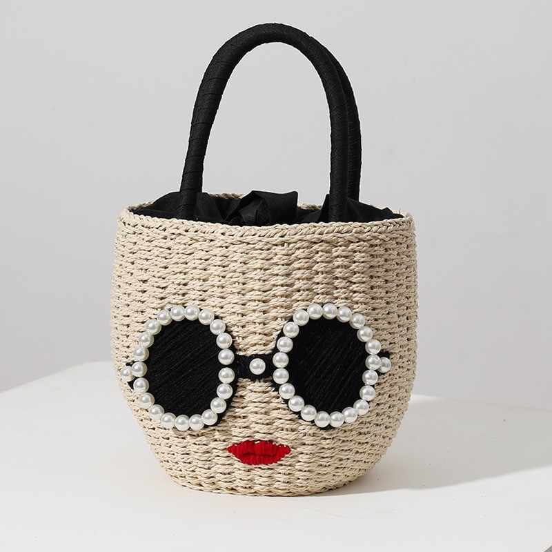 Straw Handbag Fashion Rattan Handbag Cute Cartoon Bucket Woven Bag Portable Small Fresh Messenger Shoulder Bag for Women