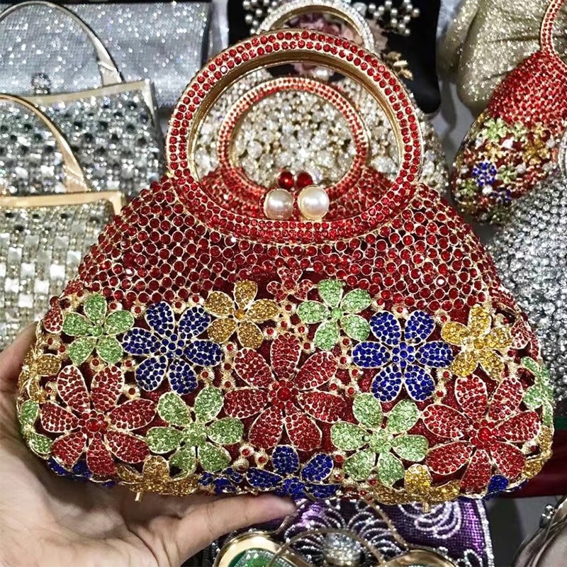Gold Metal Pearl Top-Handle White Crystal Clutch Bag High Quality Women's Flower Diamond Wedding Bridal Handbags Fashion Bags