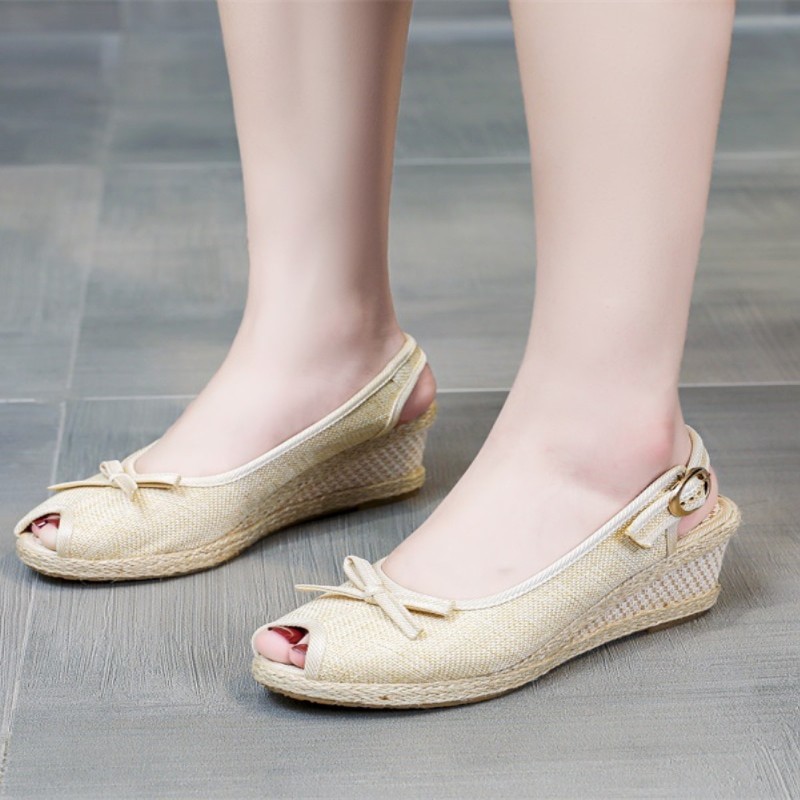 Handmade Women Bowtie Peep Toe Linen Espadrilles Slingbacks Sandals 6cm Wedge Heel Ladies Plain Summer Platform Shoes