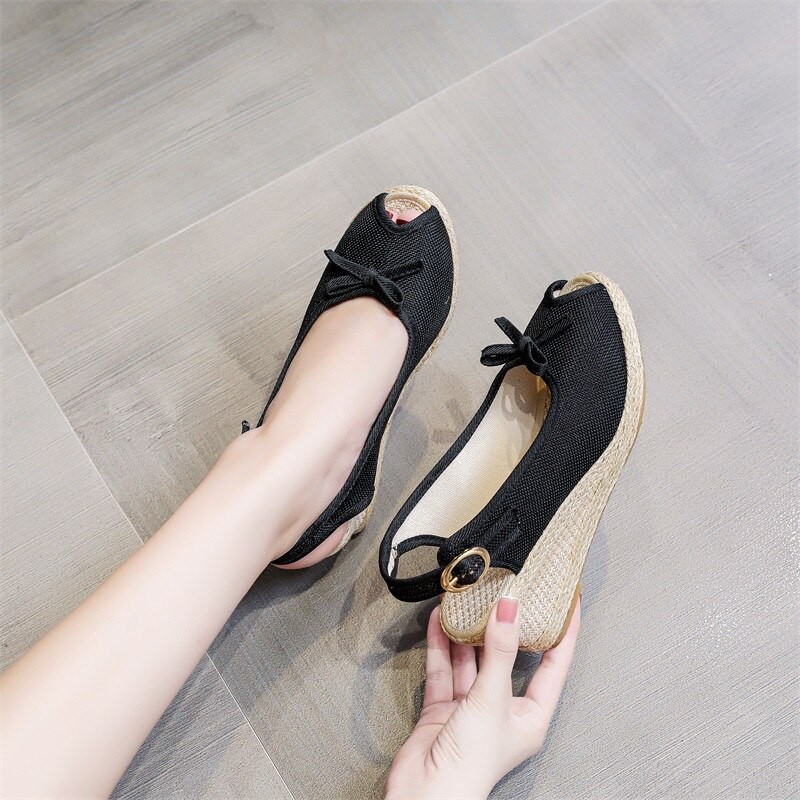 Handmade Women Bowtie Peep Toe Linen Espadrilles Slingbacks Sandals 6cm Wedge Heel Ladies Plain Summer Platform Shoes