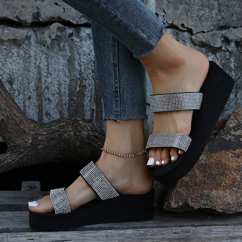 Summer Rhinestone Diamond Flip Flops Sandals Slippers Fashion Holiday Beach Slope Heel Sandals Wedge Platform Sandal Women 36-42