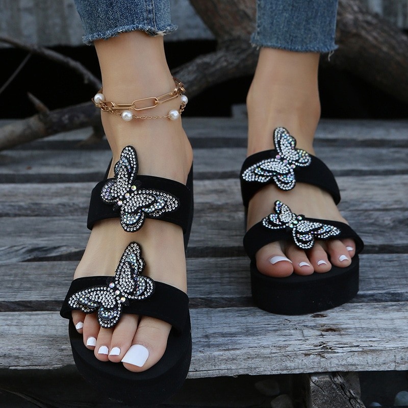 Summer Rhinestone Diamond Flip Flops Sandals Slippers Fashion Holiday Beach Slope Heel Sandals Wedge Platform Sandal Women 36-42