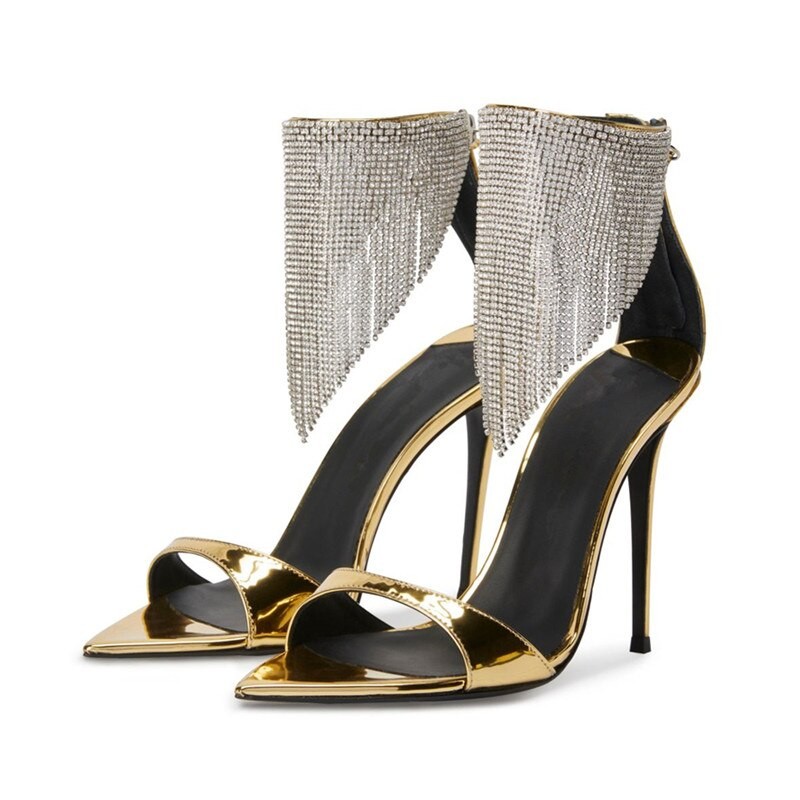 2023New Summer Women Gold Sandals Luxury Rhinestone High Heels Sandalias Chic Black Crystal Prom Party Pumps Lady Formal Pumps