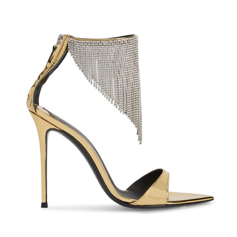 2023New Summer Women Gold Sandals Luxury Rhinestone High Heels Sandalias Chic Black Crystal Prom Party Pumps Lady Formal Pumps